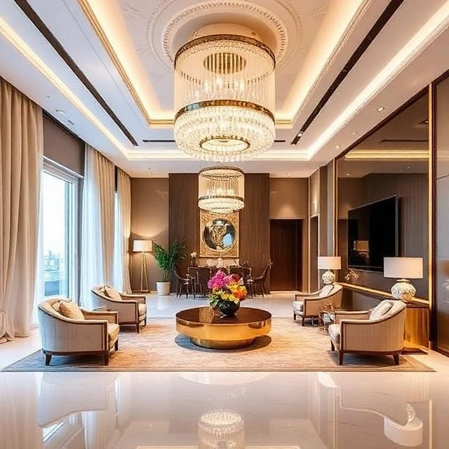 Modern hospitality interior design in Dubai featuring a stylish restaurant or hotel space with warm lighting and upscale décor.