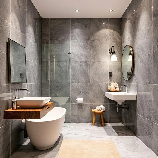 Contemporary smart bathroom design with digital shower controls and marble finishes