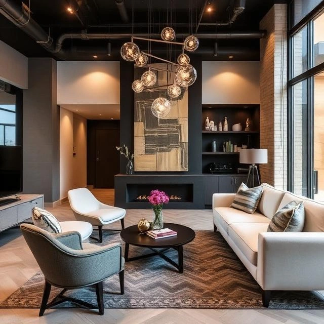 Contemporary urban interior design showcasing luxury furniture, open space layout, and modern aesthetic detailing.