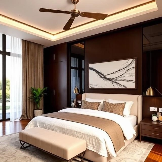 Stylish luxury bedroom with contemporary furniture and warm ambient lighting