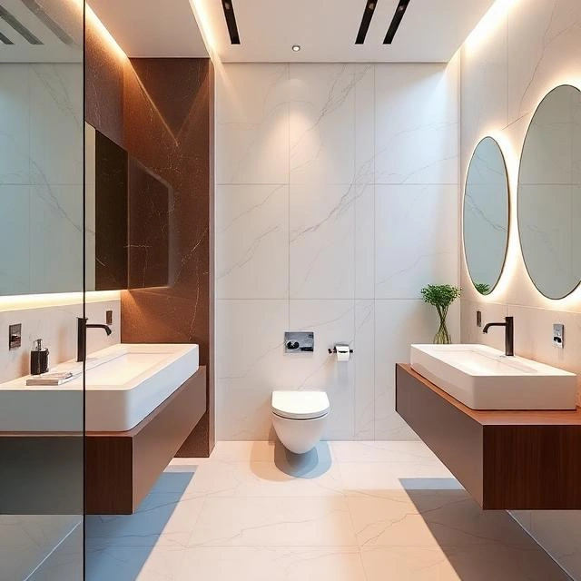 High-end bathroom interior featuring smart mirrors, ambient lighting, and sleek fittings
