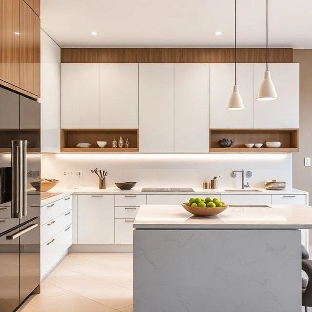 Modern kitchen interior design in Dubai with luxury cabinets and sleek finishes