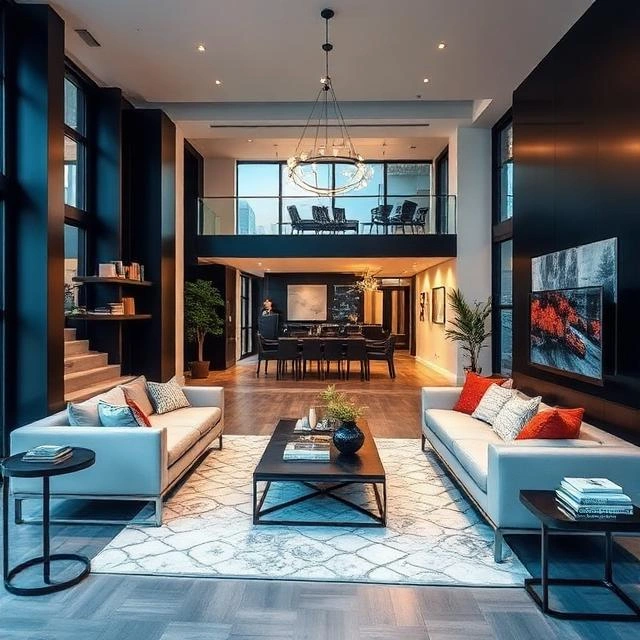 Stylish urban interior design with modern décor, soft lighting, and clean architectural lines creating a sophisticated home atmosphere.