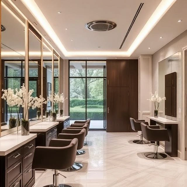 high-end salon design with sophisticated décor, mirrors, and ambient lighting