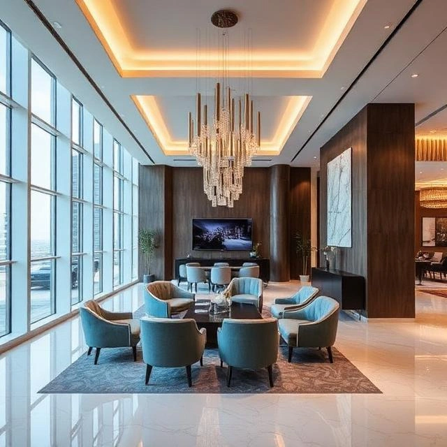 Luxury hospitality interior design concept in Dubai highlighting sophisticated seating areas, ambient lighting, and contemporary architecture.
