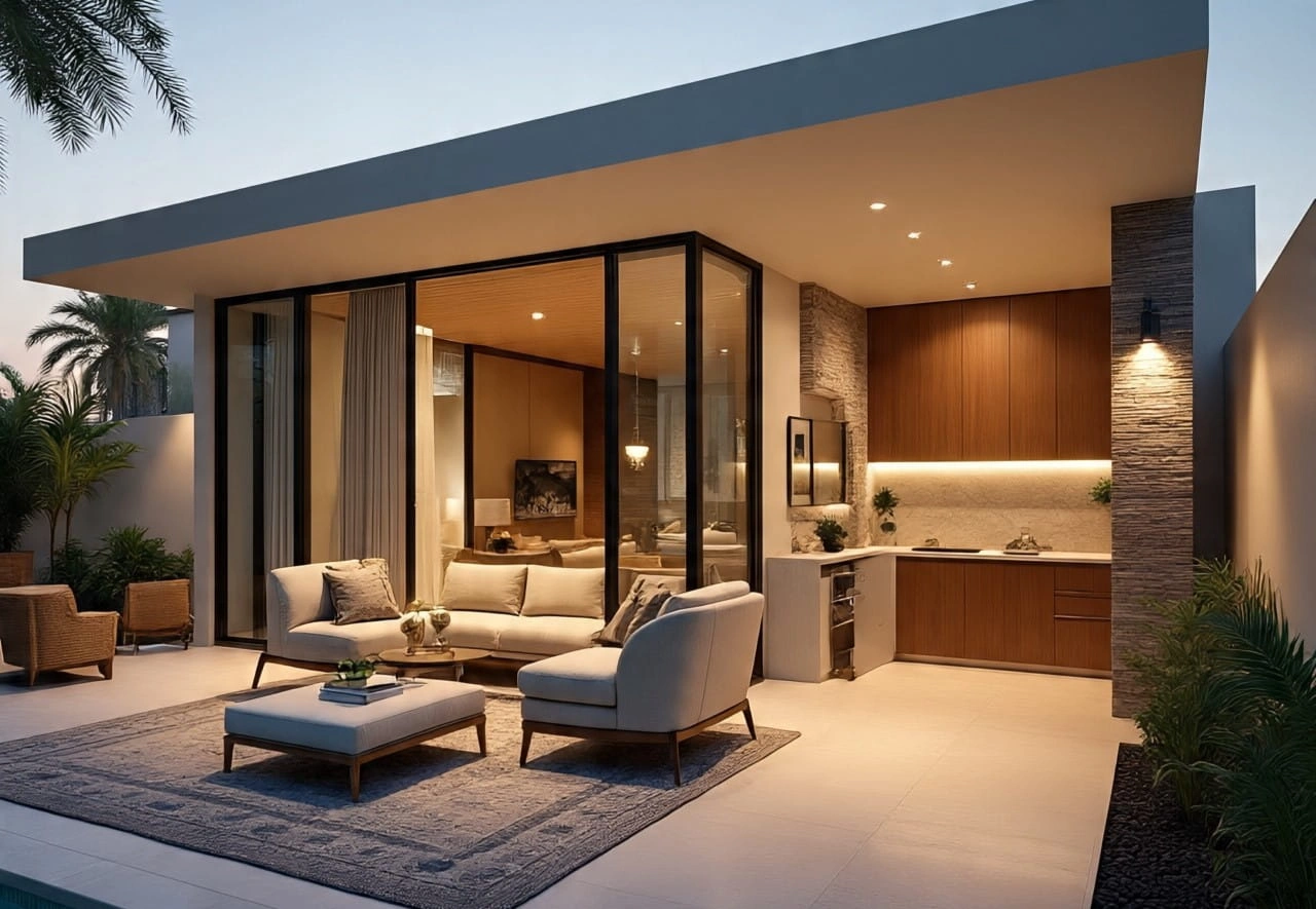 high-end villa renovation in Dubai with stylish kitchen and living area