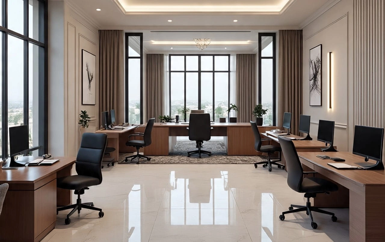 corporate office fit out in Dubai with glass partitions and meeting rooms