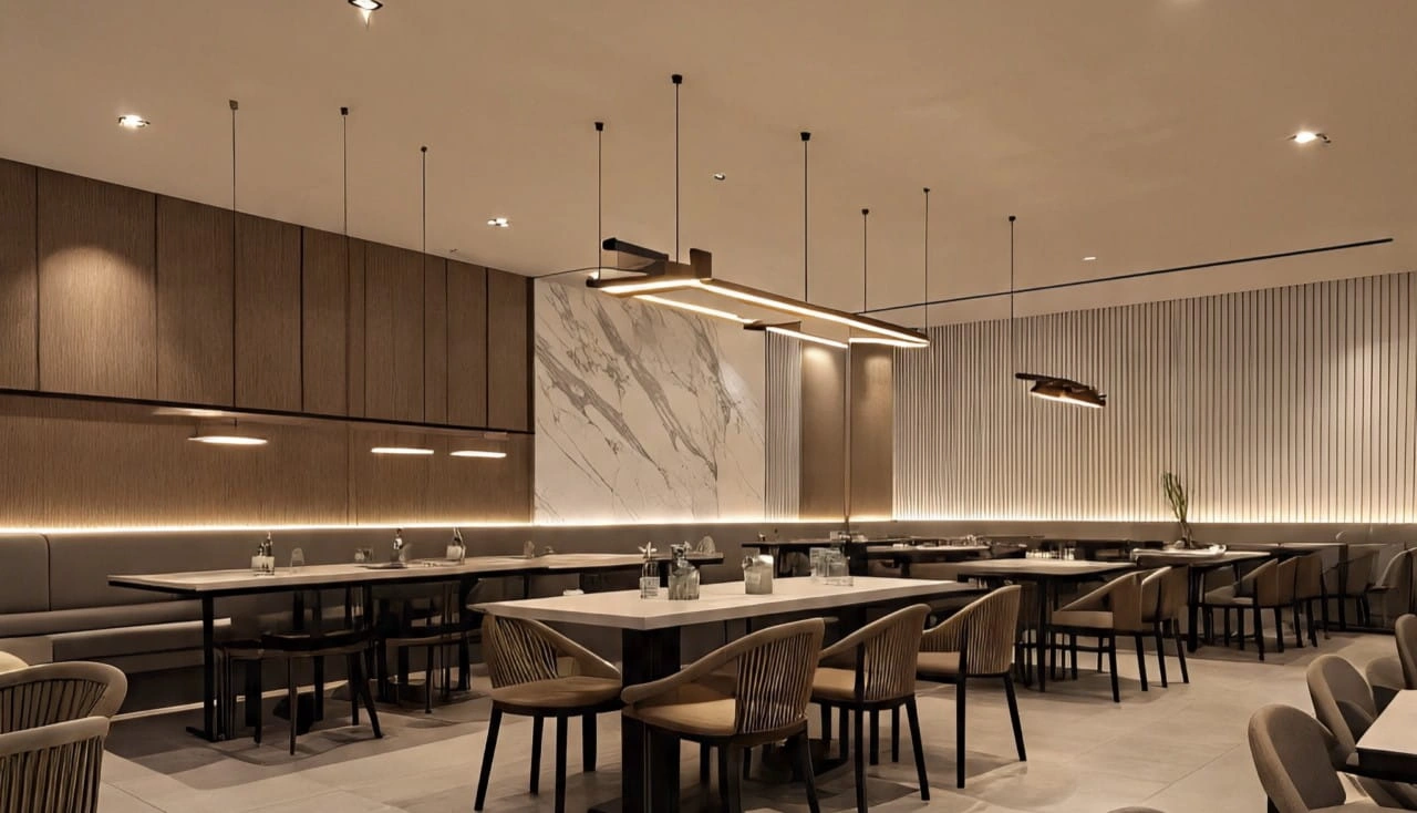 modern restaurant fit out in Dubai with stylish interior design and seating