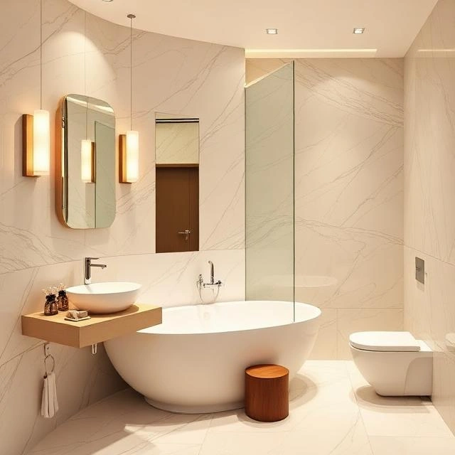 Functional bathroom design with modern storage, clean layout, and luxury materials