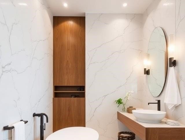 Modern luxury bathroom interior design with smart lighting and elegant fixtures