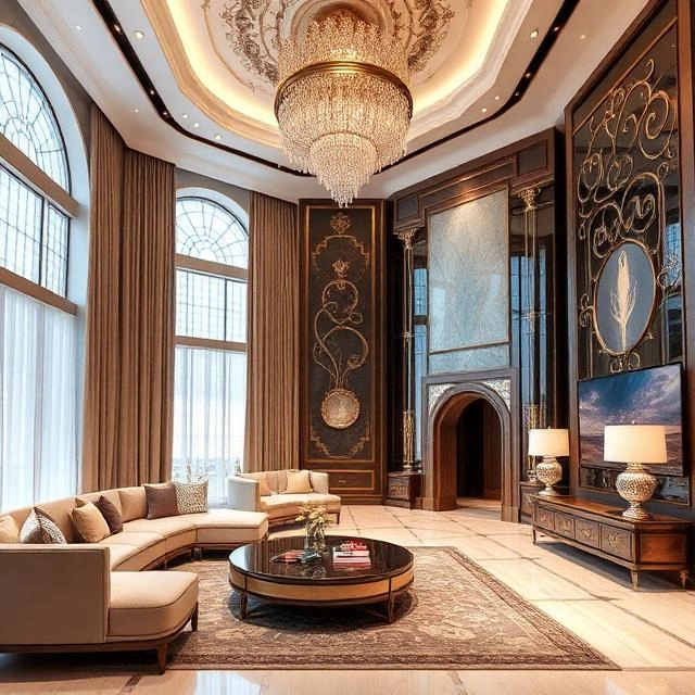 modern commercial interior in Dubai with grand scale design and elegant finishes
