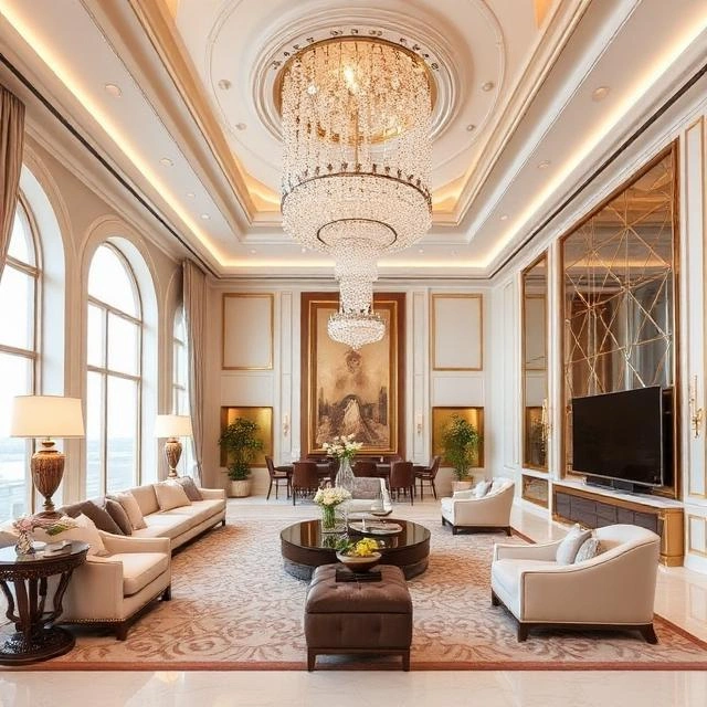 premium interior design in Dubai showcasing large spaces, luxury materials, and smart planning