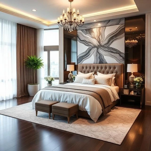 Elegant modern bedroom interior design with luxury lighting and soft textures