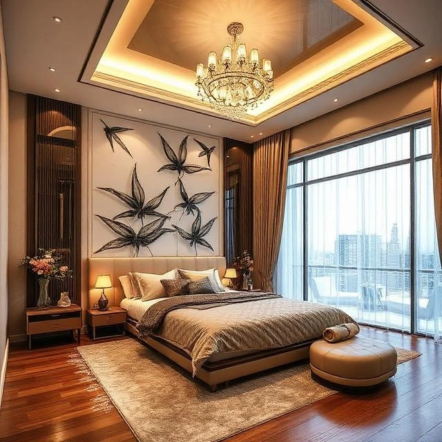 High-end bedroom interior with soft lighting, neutral tones, and luxury finishes