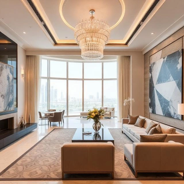 Elegant villa living room interior design in Abu Dhabi with marble feature walls