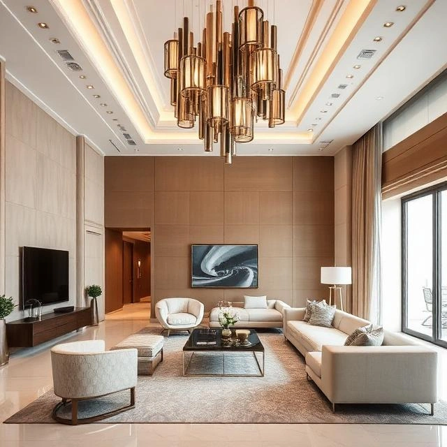 Contemporary double-height living room by an Abu Dhabi interior design company