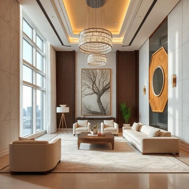 Luxury living room interior design in Abu Dhabi with crystal chandelier and skyline view