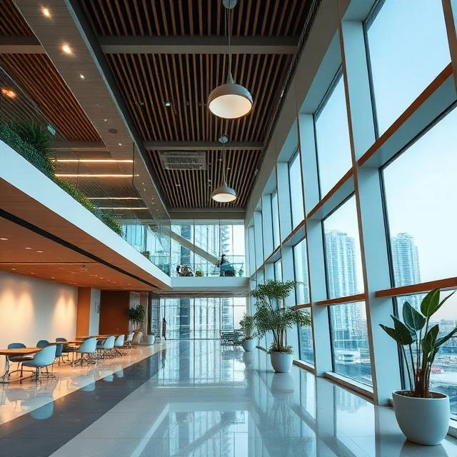 Luxury green building interior in Dubai using recycled materials, natural lighting, and sustainable design principles.