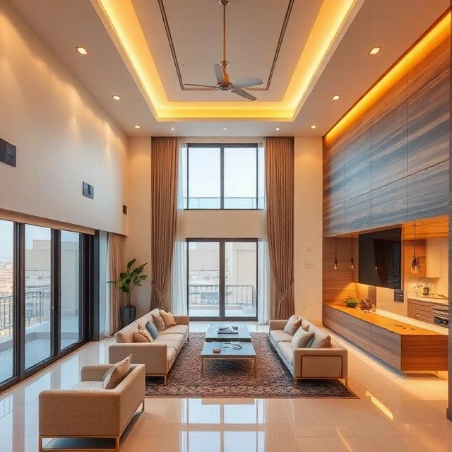 Contemporary villa interior after renovation in Dubai Hills Estate with open-plan living space, custom joinery, and luxury flooring.