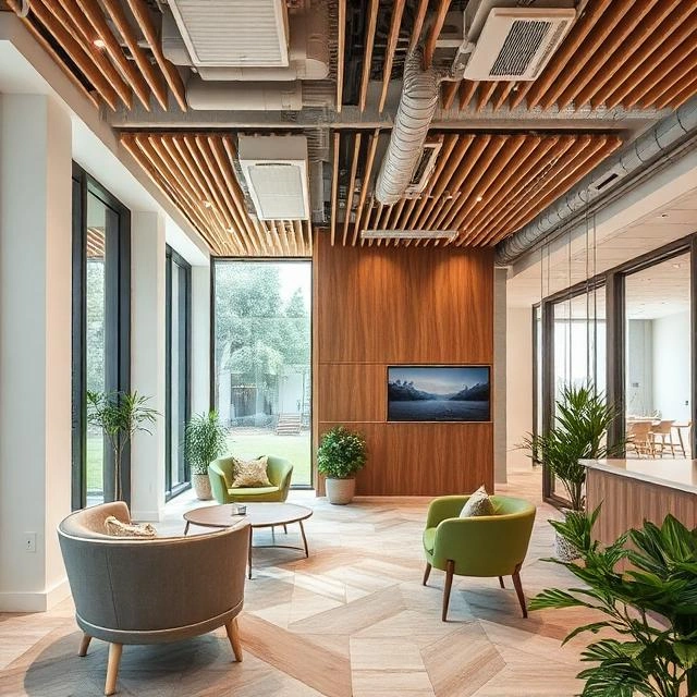 Eco-friendly reception area with recycled materials and natural finishes