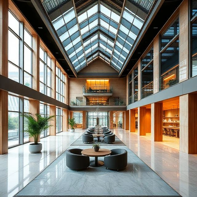 Sustainable workspace designed with recycled materials and energy efficiency