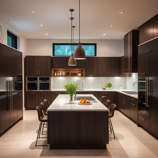Modern kitchen renovation in a Dubai Hills Estate villa featuring a large island, custom cabinets, quartz countertops, and integrated appliances.
