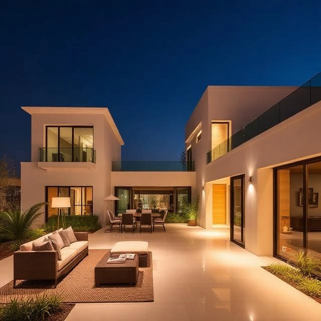 Elegant living room renovation in Dubai Hills Estate with smart lighting, modern furniture, decorative wall panels, and floor-to-ceiling windows.