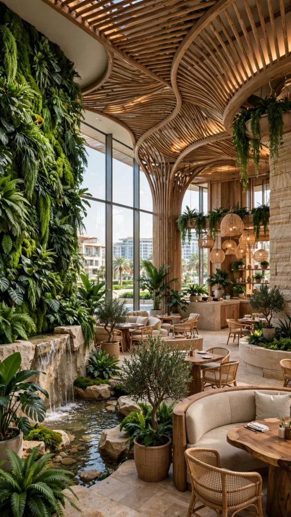 Elegant restaurant dining hall with decorative ceiling and pendant lighting