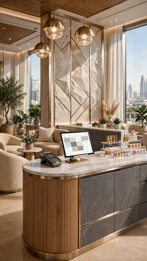 Contemporary manicure stations with ergonomic furniture and LED lighting