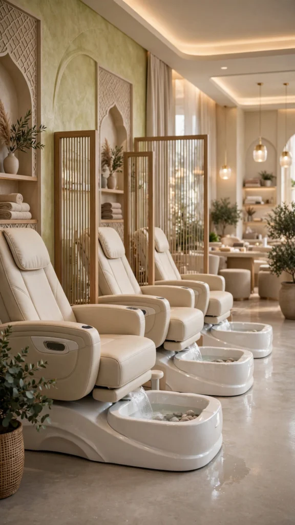 Premium pedicure spa chairs in a luxury beauty salon