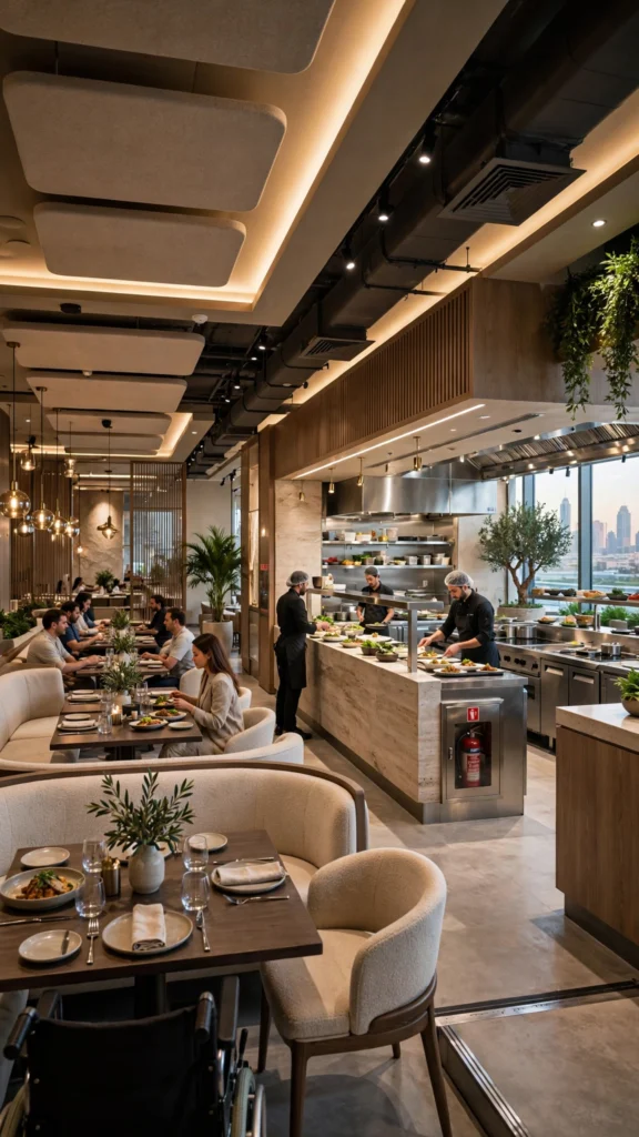 Contemporary café interior design with wooden finishes and ambient lighting