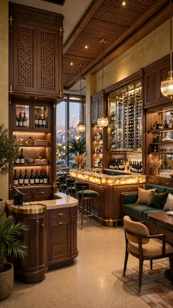 Contemporary restaurant fit-out with elegant wooden finishes and marble flooring
