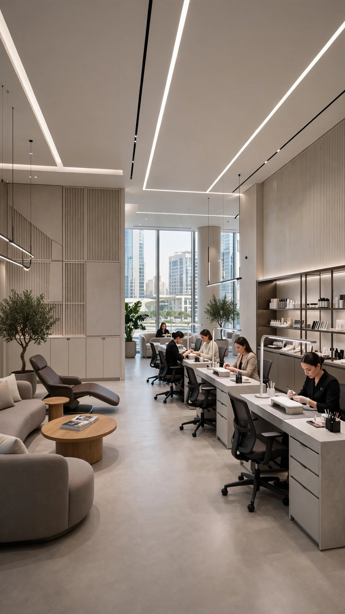 High-end beauty salon interior with elegant lighting and decorative mirrors