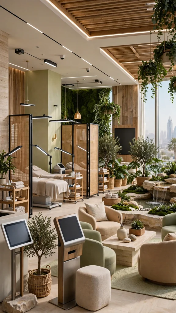 Modern nail salon interior with comfortable manicure stations and elegant lighting