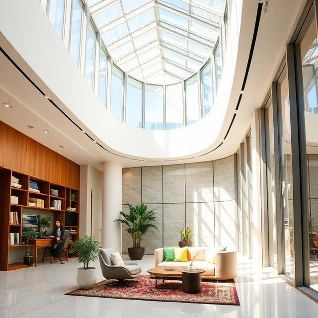 Modern sustainable office interior with energy-efficient LED lighting, ergonomic furniture, and biophilic design elements.