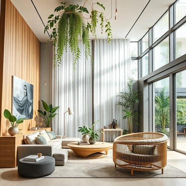 Modern sustainable interior design in Dubai featuring eco-friendly materials, energy-efficient lighting, and contemporary architecture.