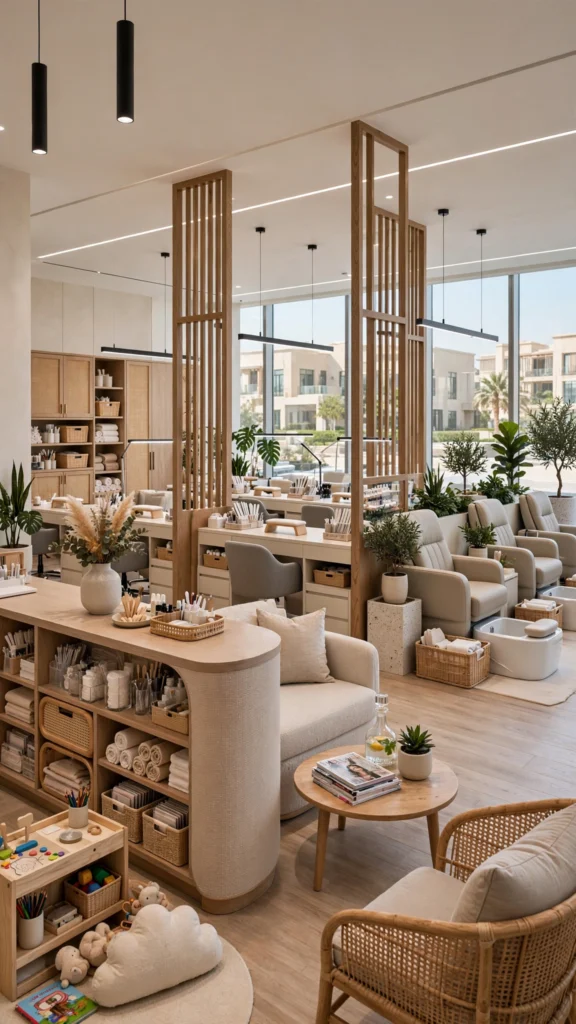 Nail salon featuring stylish reception desk and retail display shelves