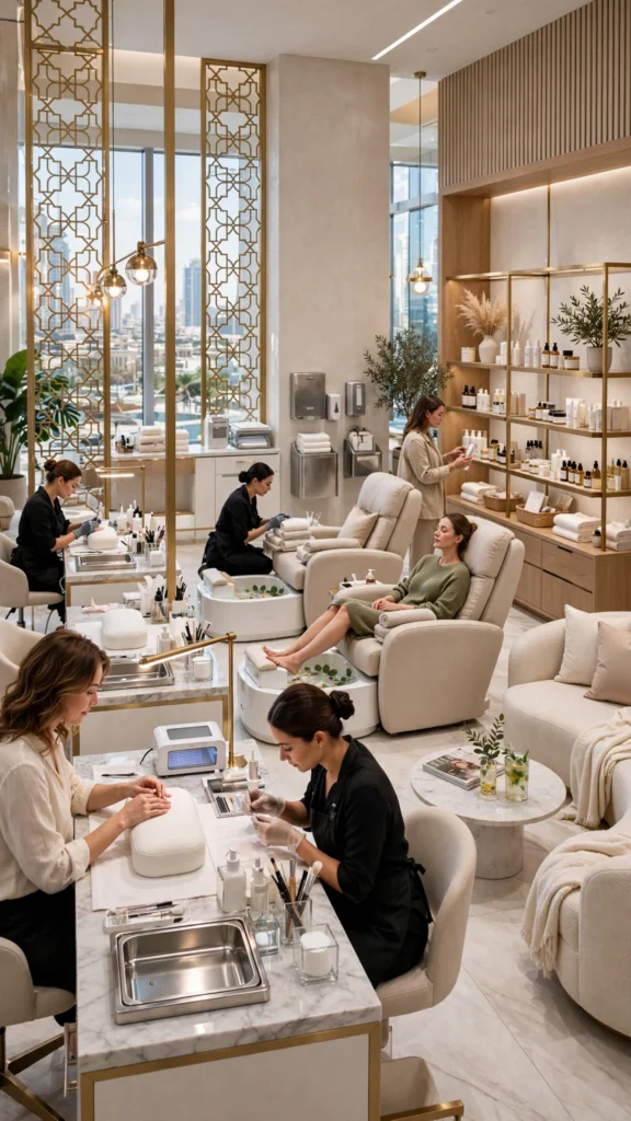 Luxury nail salon reception area with stylish waiting lounge in Dubai
