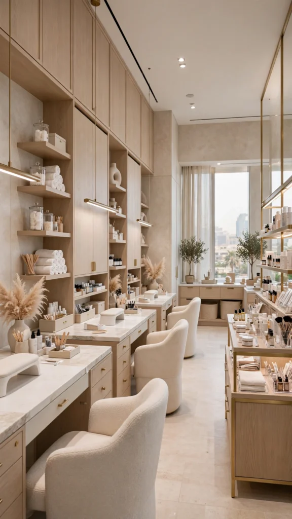 Commercial beauty studio designed with open-plan manicure stations