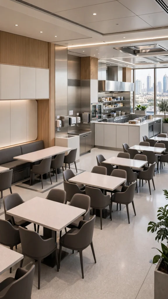 Commercial restaurant interior with open kitchen and modern décor