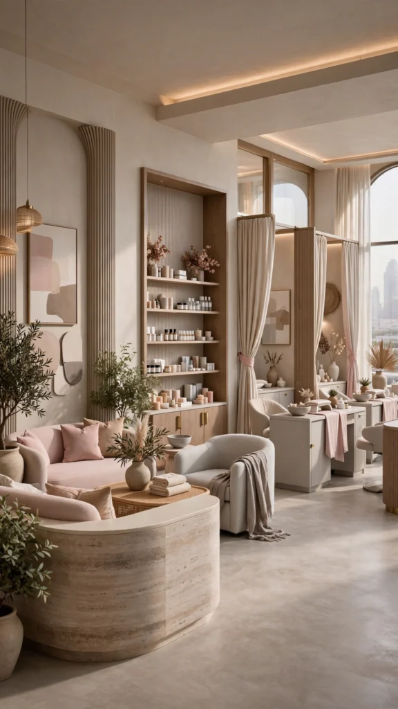 Elegant nail studio interior featuring custom furniture and decorative lighting