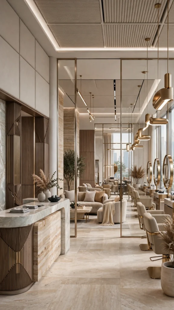 Contemporary hair salon interior with styling stations and modern mirrors