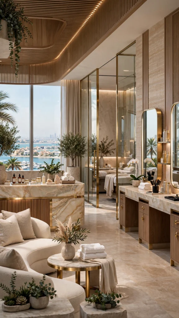 Professional beauty salon interior with elegant furniture and premium finishes
