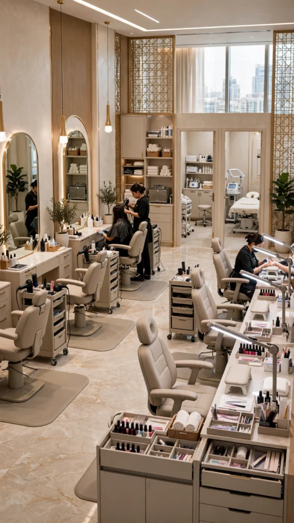 Luxury beauty studio interior design with modern space planning concepts