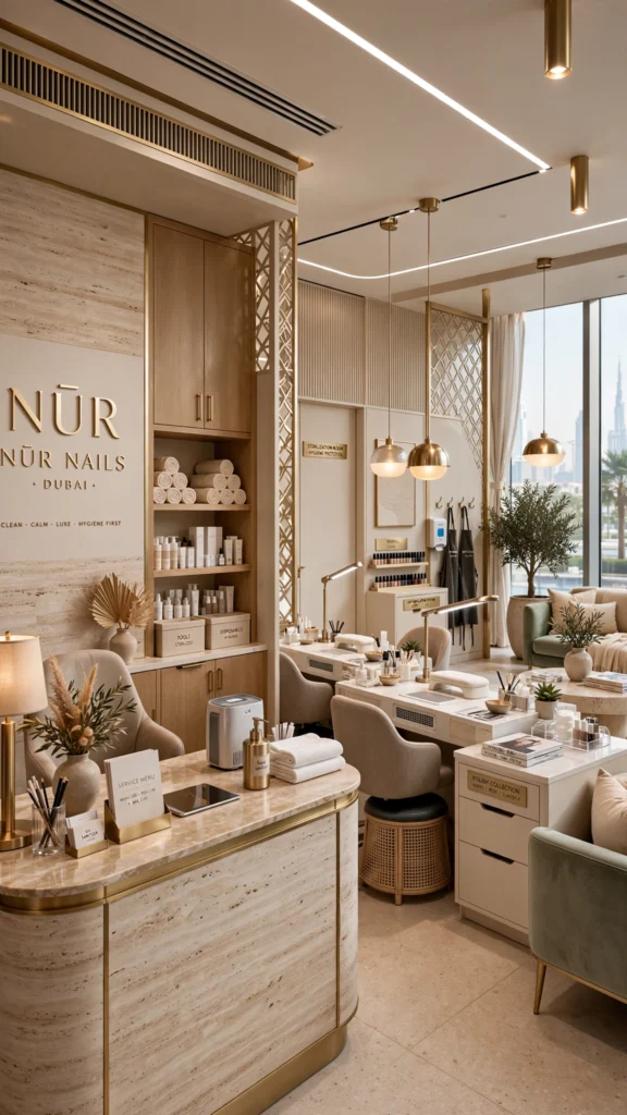 Modern nail salon interior with elegant manicure stations and luxury décor