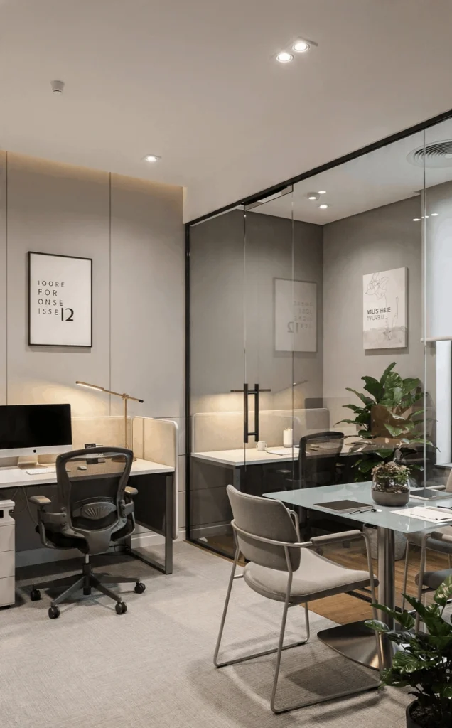 Modern small office interior design with ergonomic workstations in Dubai