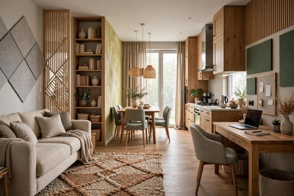 Luxury apartment interior with integrated kitchen and living area