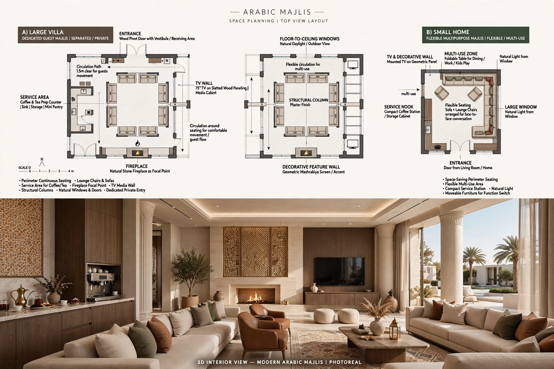 Choosing the Right Majlis Layout Space planning is one of the most important parts of Majlis design. The room should allow guests to move comfortably while maintaining a clear relationship between seating, entrance, serving areas, and focal points. A traditional Majlis often uses perimeter seating, allowing guests to face each other during conversations. Modern designs can combine continuous seating with individual lounge chairs or contemporary sofas. The location of doors, windows, columns, television screens, fireplaces, decorative walls, and service areas should be considered before furniture is selected. For large villas, a dedicated guest Majlis can be separated from family living areas to provide greater privacy. Smaller homes may use flexible furniture arrangements to create a multipurpose social room.