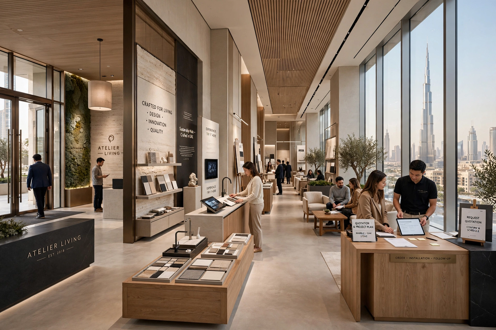 contemporary showroom reception with branded feature wall in Downtown Dubai