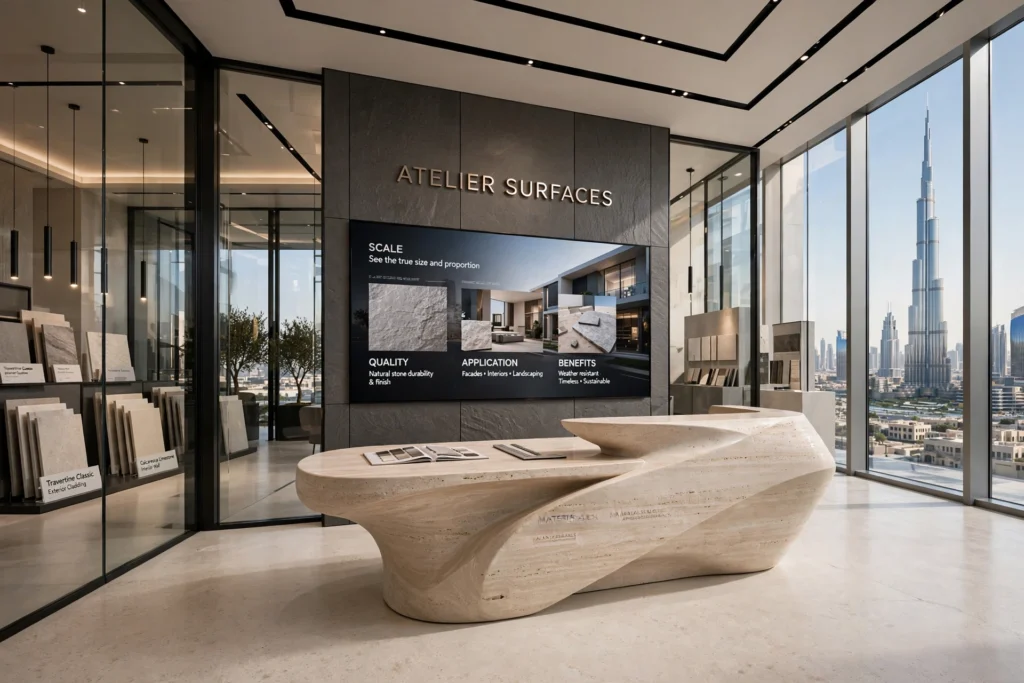 luxury furniture showroom with realistic living room product display